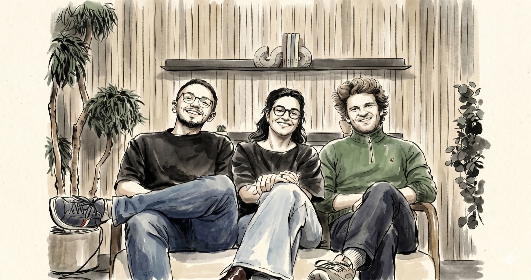 WaniWani founders Maxime Antoine, Luiza Gusmao, and Robin Diligent, ink-wash portrait